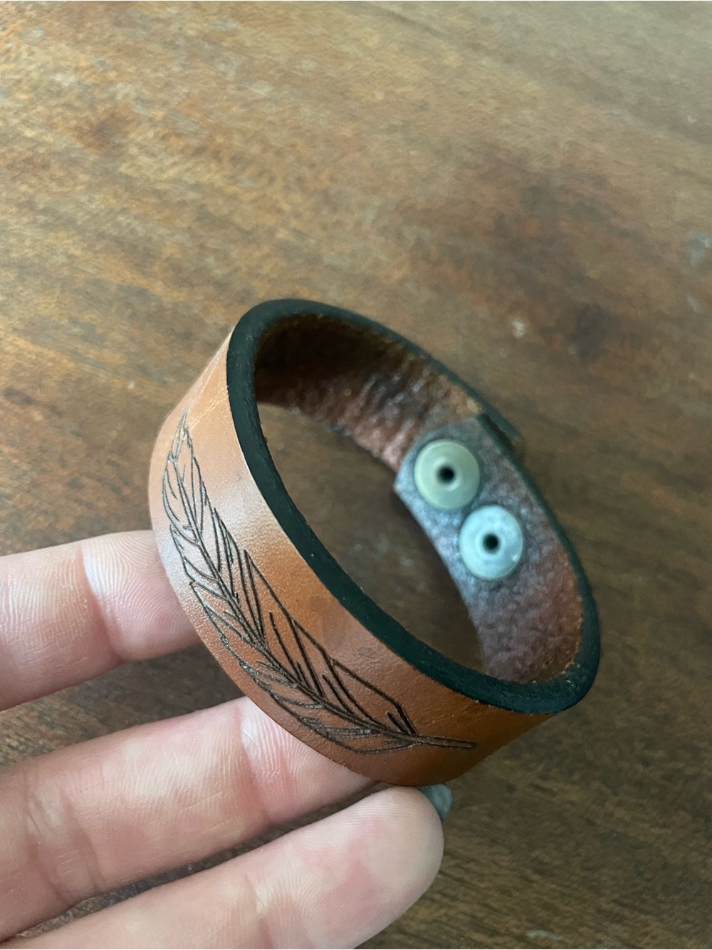 Brown Leather Feather-Engraved Snap Bracelet